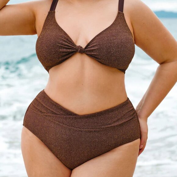 Dark Coffee Shimmer Bikini Set | Size 16 | 1X | NWT | Triangle Top & High-Waist - Picture 3 of 3